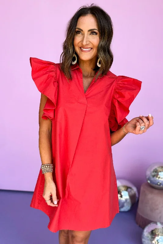 Mini dresses with beaded embellishments for a fancy eventSSYS Red Ruffle Shoulder Poplin Dress