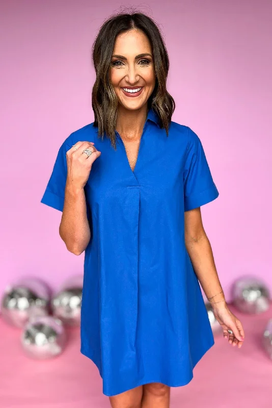 Mini dresses with embroidered details for a unique touchSSYS Royal Blue Collared Poplin Dress