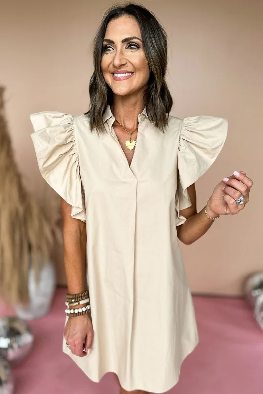 Ruffled mini dresses for a romantic touchSSYS Taupe Ruffle Shoulder Poplin Dress