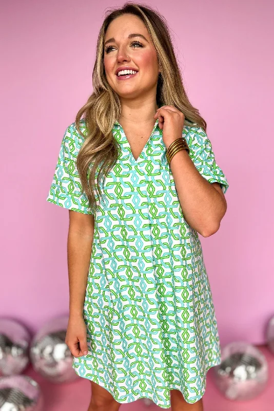 Mini dresses with side slits for a sexy appealSSYS Turquoise And Green Chain Link Print Collared Poplin Dress