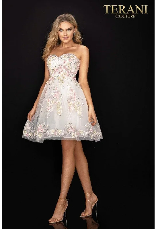 Wedding guest dresses with high - low hems and floral appliquesTerani Couture 2011P1025 Floral Prom Short Dress