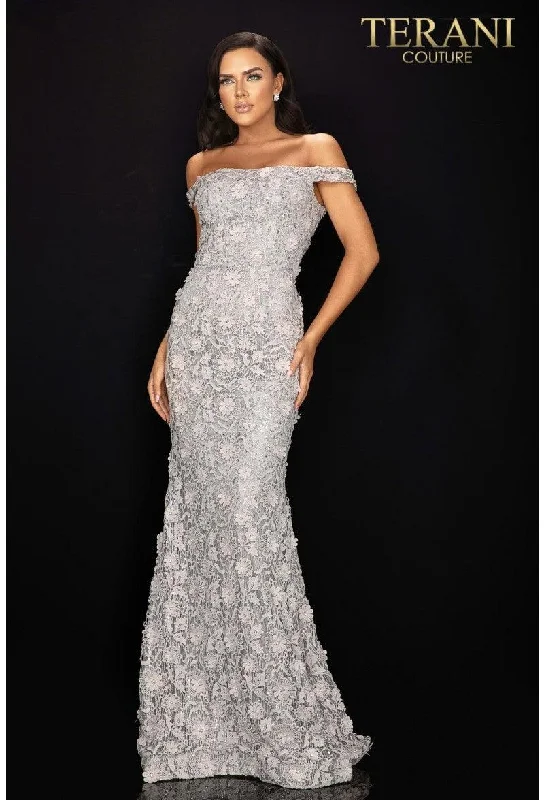 Bow - backed wedding guest dresses in silk for a luxurious feelTerani Couture 2011E2058 Off Shoulder Long Evening Gown