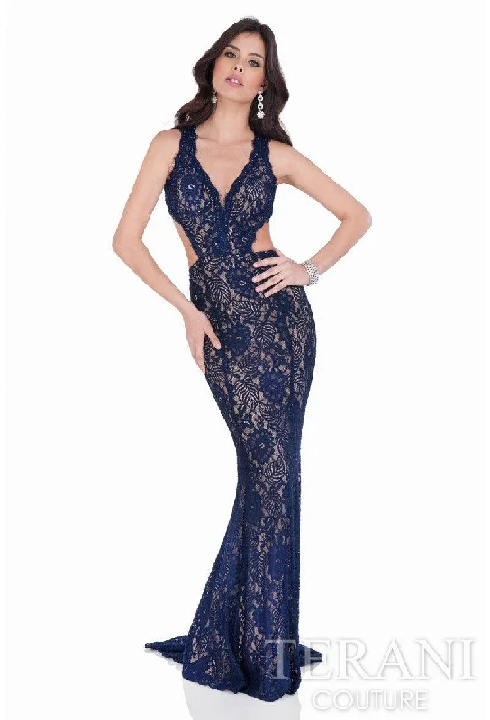 Midi wedding guest dresses in navy blue for a formal affairTerani Couture 1623E1652 Long Formal Prom Dress