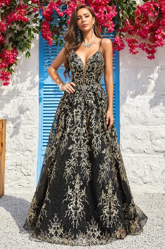 Cocktail dresses with a cut - out detail and a body - con fitA Line Spaghetti Straps Black Golden Long Prom Dress with Bronzing