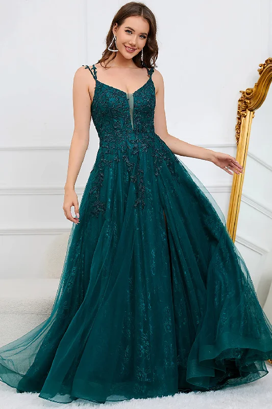 Mini cocktail dresses with a pleated bodice and a spaghetti - strap backA Line Spaghetti Straps Dark Green Long Prom Dress with Appliques