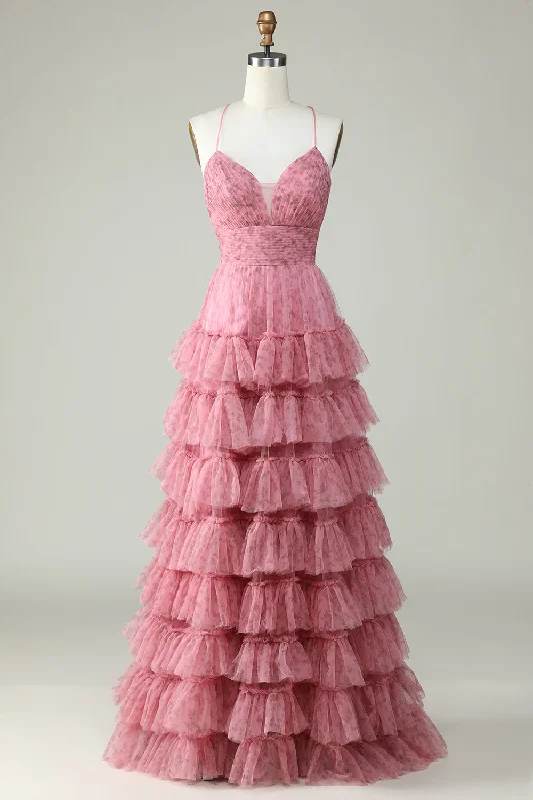 Cocktail dresses with a floral print and a peplum waistA Line Spaghetti Straps Layered Pink Tulle Prom Dress with Floral Printed