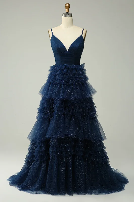 Mini cocktail dresses with a cold - shoulder ruffled sleeveA Line Spaghetti Straps Navy Long Prom Dress with Ruffles