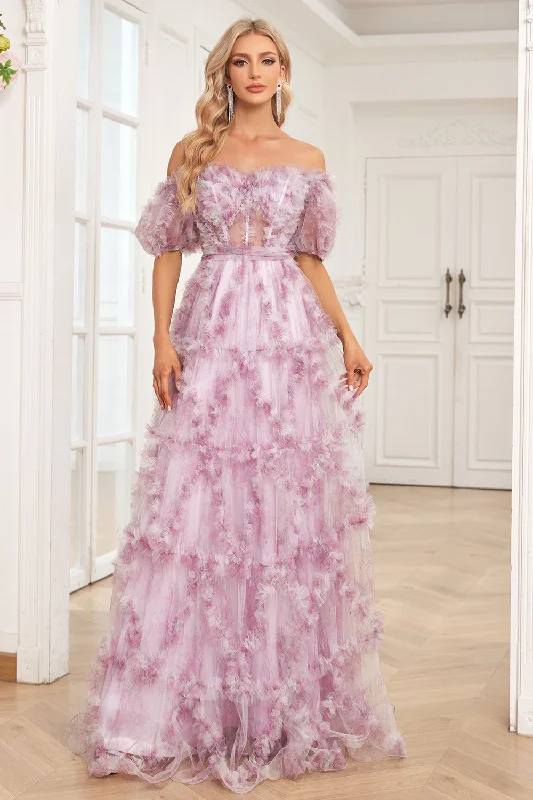 Mini cocktail dresses with a tiered ruffled skirt and a scoop neckCharming A Line Off the Shoulder Purple Long Prom Dress with Printing