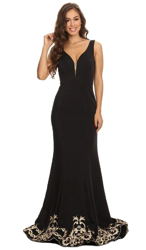 Prom dresses with tiered lace skirts and off - the - shoulder necklines for a feminine and elegant formal affairEureka Fashion - 6090 Embroidered V-neck Stretch Satin Trumpet Dress