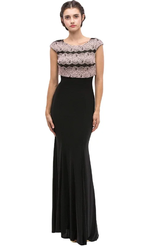 Formal dresses with asymmetric ruffled hems and high - low designs for a fashion - forward and dynamic appearanceEureka Fashion - Lace Cap Sleeve Bateau Jersey Sheath Evening Dress