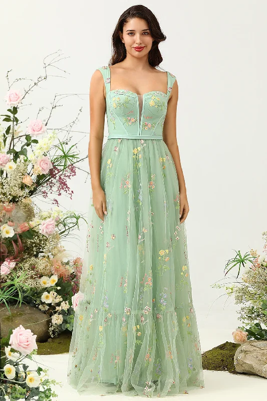 Ruffled cocktail dresses with a knee - length hem for a feminine appealGorgeous A-Line Square Neck Green Long Prom Dress with Embroidery