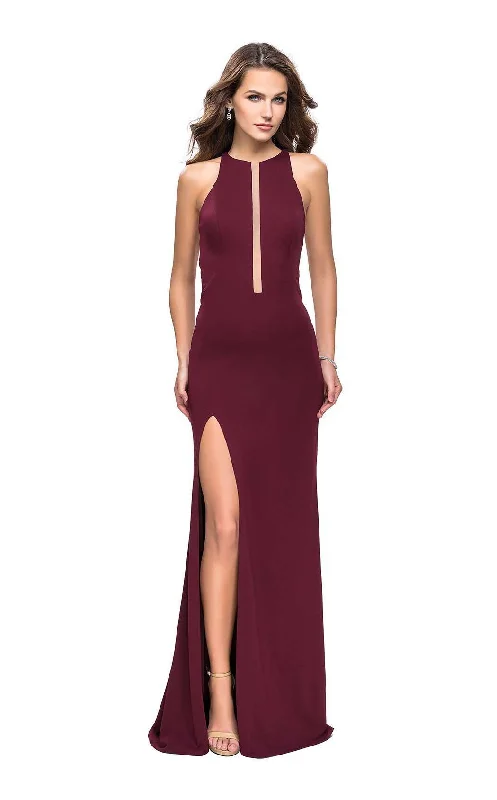 Formal dresses with abstract print panels and rhinestone embellishments for a unique formal eventLa Femme 25477 Dress