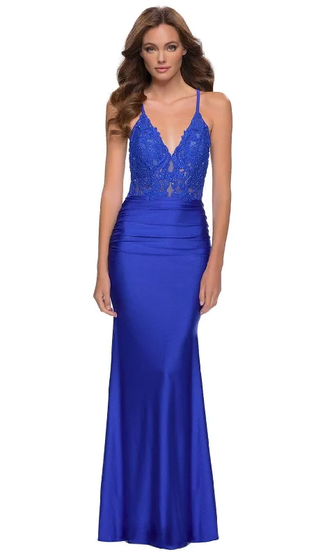 Prom dresses with pom - pom - decorated hems and cotton - blend fabrics for a playful and comfortable formal styleLa Femme - 29688 Jersey Lace Plunging V Neck Dress