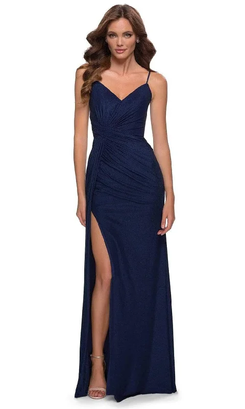 Prom dresses with gathered skirts and crystal - encrusted belts for a luxurious promLa Femme - 29699 Net Jersey V Neck Dress With Slit