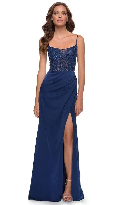 Formal dresses with ruffled skirts and bow accents for a charming prom appearanceLa Femme - 29888 Scoop Laced A-Line Simple Prom Evening Gown