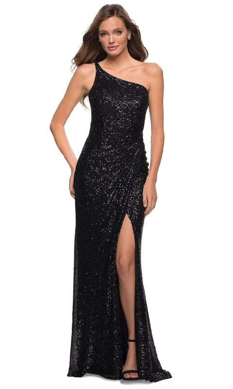 Sleeveless formal dresses with sequined straps and a - line skirts for a classic formal eventLa Femme - 29962 Asymmetrical Dress With Slit