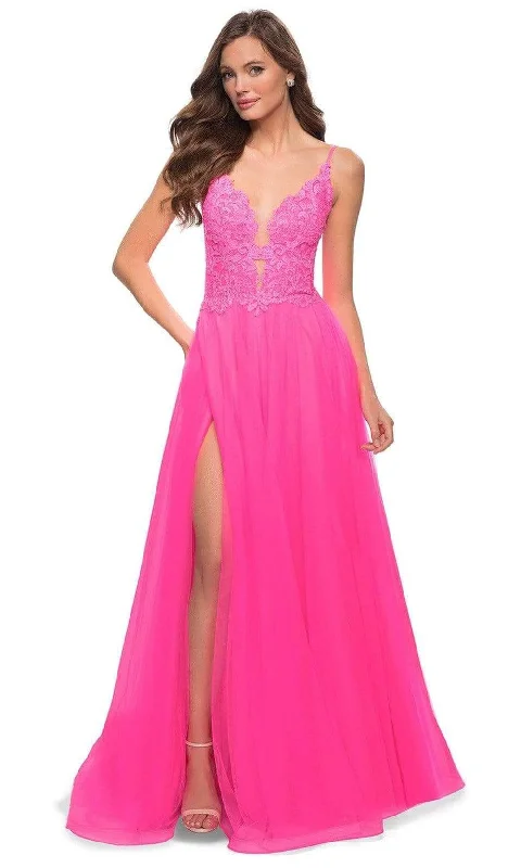 A - line formal dresses with beaded lace appliques for formal eventsLa Femme - 29964 Plunging V Neck A-Line Gown