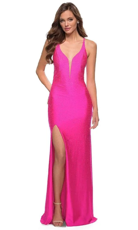 Formal dresses with halter necks and lace - up backs for a stylish promLa Femme - 29969 Low V-Neck Beaded Simple Prom Long Gown