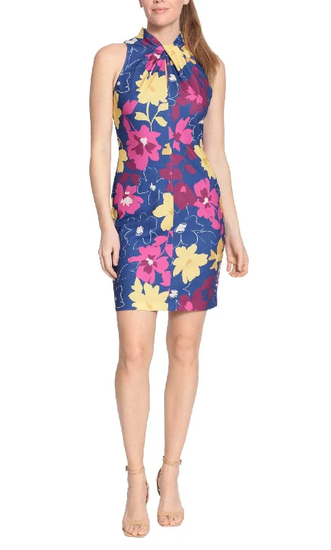 Cocktail dresses with a tassel - adorned belt and a sheath styleLondon Times T6321M - Halter Floral Printed Cocktail Dress