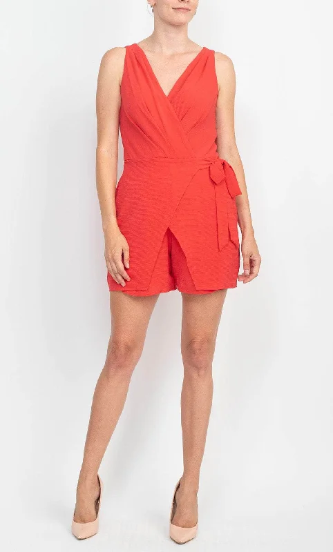 Satin cocktail dresses with a high - low hem for a modern touchLondon Times T6390M - Ruched V-Neck Romper