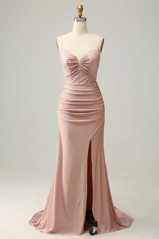 Satin cocktail dresses with a high - low hem for a modern touchMermaid Spaghetti Straps Blush Long Prom Dress with Beading