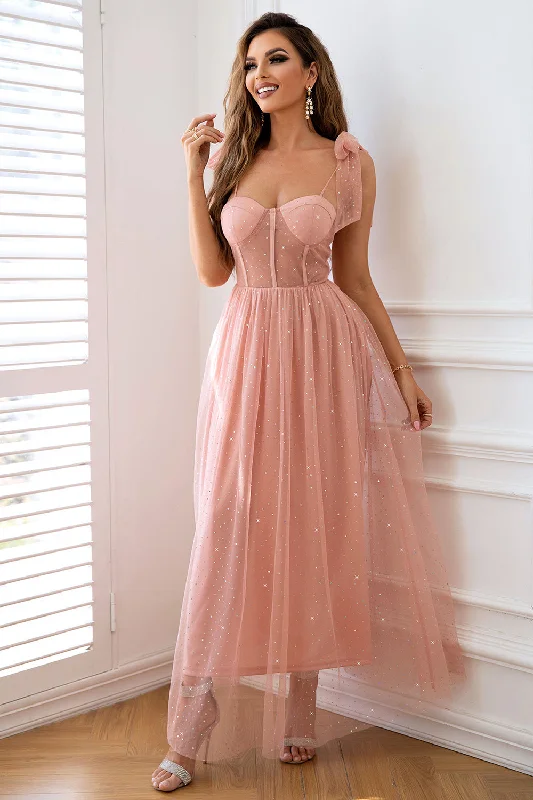 Cocktail dresses with off - the - shoulder designs and beaded accentsPink A Line Corset Spaghetti Straps Prom Dress