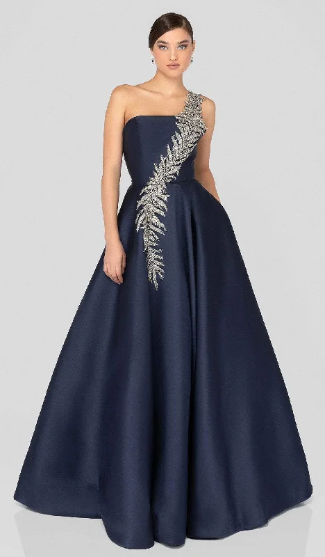 Tea - length formal dresses with lace trim for a semi - formal promTerani Couture - 1912E9202 One Shoulder Dazzling Fern Accent Gown