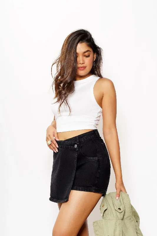 High - Waisted Women Shorts for a Retro and Flattering LookAsymmetric Waist Charcoal Denim Skorts