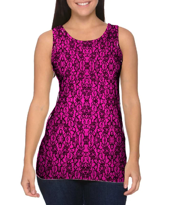 Plus Size Women's Glitter - Trimmed Tank Tops for Party NightsLace Black Hotpink