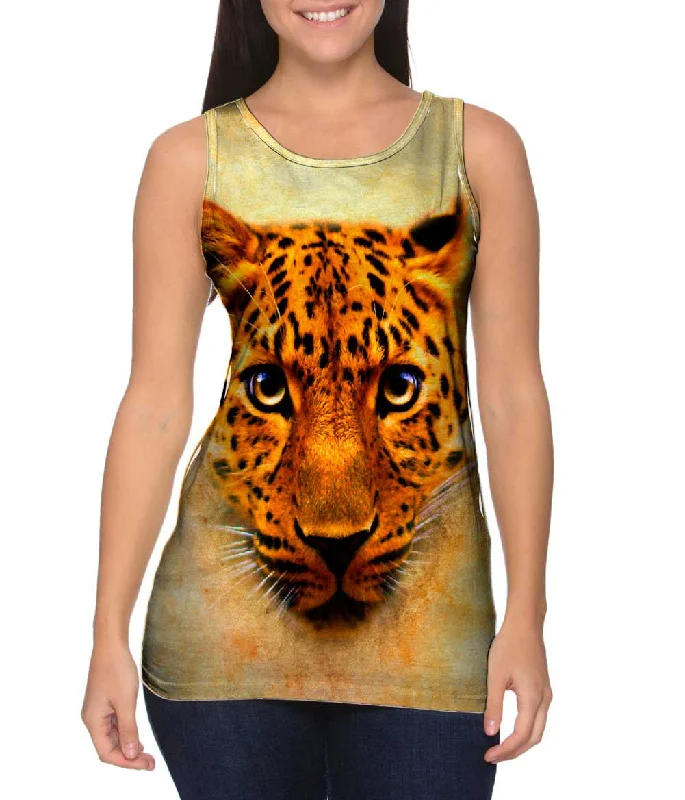 Plus Size Women's Puff - Sleeve Tank Tops in Pastel HuesLeopard Face Savannah