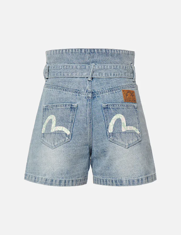 Tie - Waist Women Shorts for a Customizable FitSeagull Print Paper Bag Denim Shorts