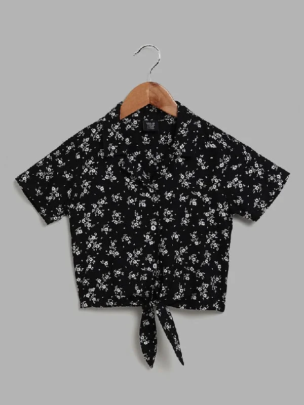 Denim Women Shorts with Distressed Details for a Casual VibeY&F Kids Black Floral Printed Tie Up Shirt