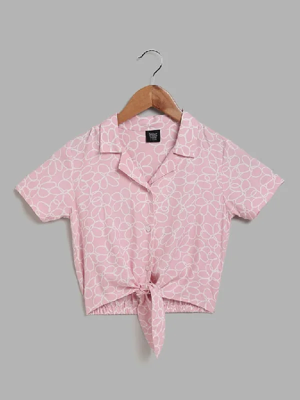 Linen Women Shorts for Breathable Comfort in Hot WeatherY&F Kids Pink Doodle Floral Printed Tie Up Shirt