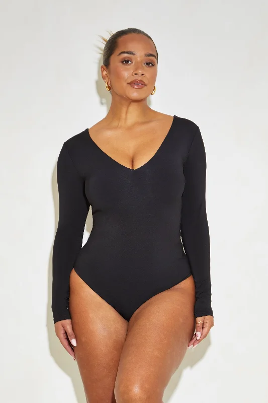 Cut - Out Bodysuits for a Trendy and Fashion - Forward StyleLong Sleeve Plunge Neck 'Grace' Bodysuit - Black