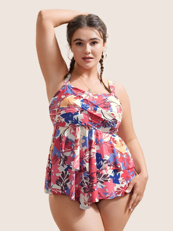 Silhouette Floral Print Crossover Tiered Hem Swim Top