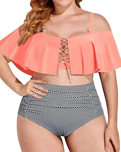 Lace - trimmed bikini for an elegant and romantic touchAlluring Plus Size Lace Up Bikini Adjustable Straps For Big Bust-Coral Pink Stripe