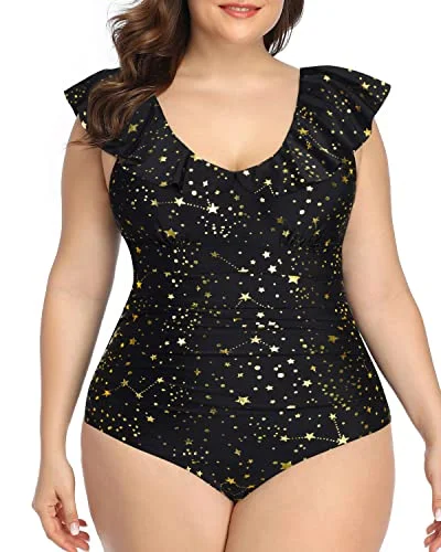 Tropical - themed bikini for a vacation - ready beach outfitCute Ruffled Falbala Plus Size One Piece Swimsuit For Women-Gold Stars