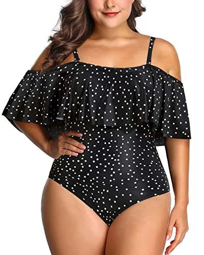 Striped bikini with a classic pattern for a timeless beach aestheticTrendy Flounce Off Shoulder Bathing Suit For Women Plus Size One Piece-Black White Dot