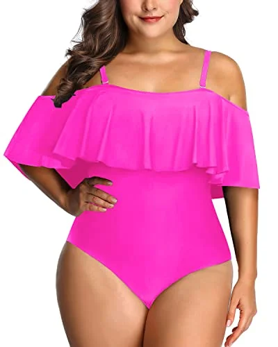 High - waisted bikini for a retro and tummy - flattering lookCute Off Shoulder Flounce Swimwear For Women Plus Size One Piece-Neon Pink