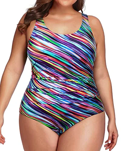 Convertible bikini that can be worn in multiple styles for versatilityModest Tummy Control Ruched One Piece Bathing Suit For Plus Size Ladies-Color Striped