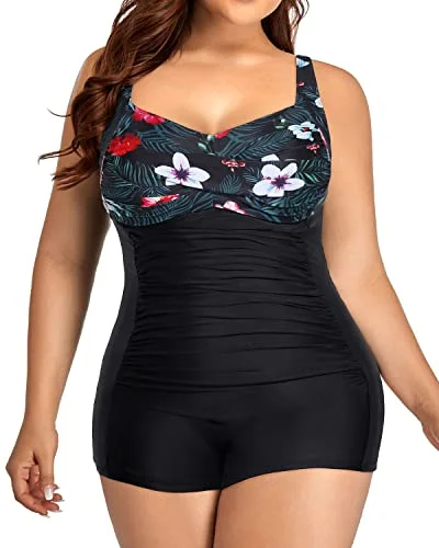 Convertible bikini that can be worn in multiple styles for versatilityRetro Twist Front Tummy Control Women's Plus Size Swimwear-Black Floral