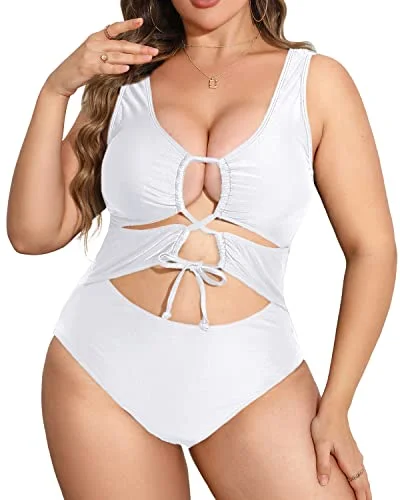 Ruched bikini with fabric gathers for a slimming effectWomen High Waisted Plus Size Cutout One Piece Swimwear For Women-White