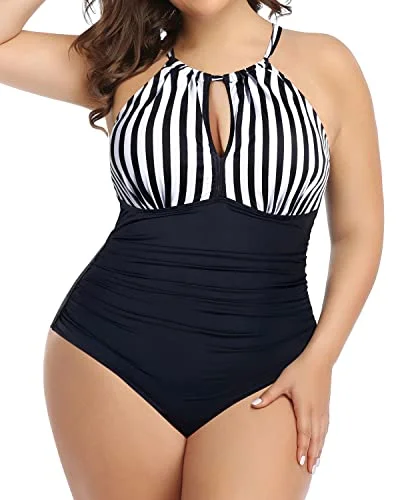 Striped bikini with a classic pattern for a timeless beach aestheticChic High Neck Plunge Swimsuit Mesh Cutouts For Plus Size Women-Black And White Stripe