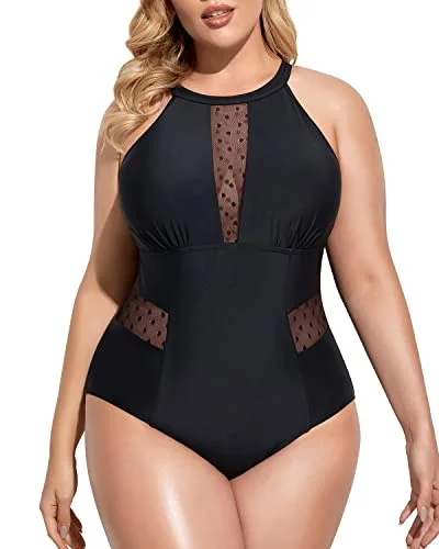 Metallic - finish bikini for a glamorous and eye - catching poolside lookPlus Size High Neck Plunge Mesh Cut Out One Piece Swimsuit for Women