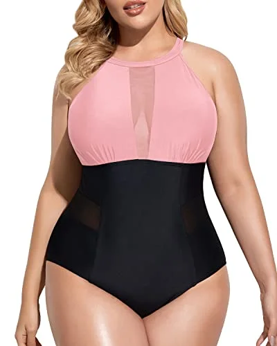 UV - protection bikini for safe sun exposure during beach daysPlus Size Mesh Plunge Swimsuit Tummy Control-Pink And Black