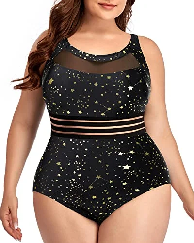 Ruched bikini with fabric gathers for a slimming effectWomen One Piece Swimsuits Plus Size Mesh High Neck Vintage Bathing Suits-Gold Stars