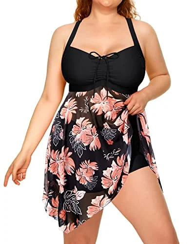 Neon - colored bikini to stand out on the beachCriss-Cross Back Mesh Two Piece Swim Dress For Women-Black Floral