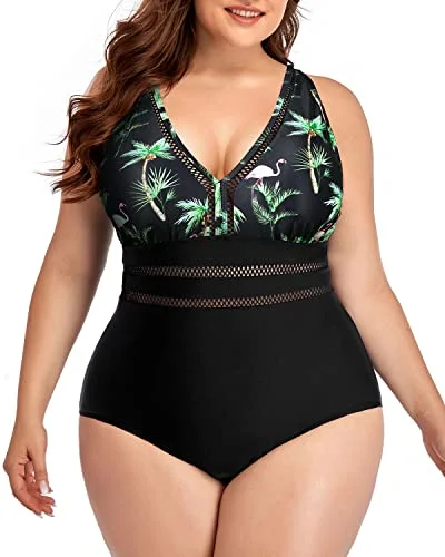 Striped bikini with a classic pattern for a timeless beach aestheticTummy Control Cheeky One Piece Swimsuits For Women Plus Size-Black Palm Tree