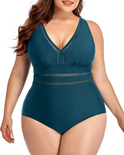 Lace - trimmed bikini for an elegant and romantic touchAdjustable Shoulder Straps One Piece Swimsuits For Women Plus Size-Teal