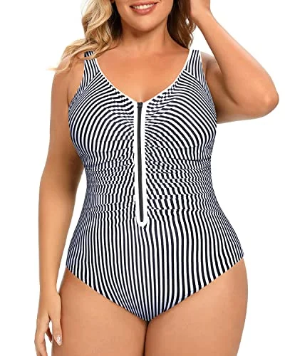 Lace - trimmed bikini for an elegant and romantic touchPlus Size Tummy Control One Piece Swimsuits for Women Zipper Bathing Suits